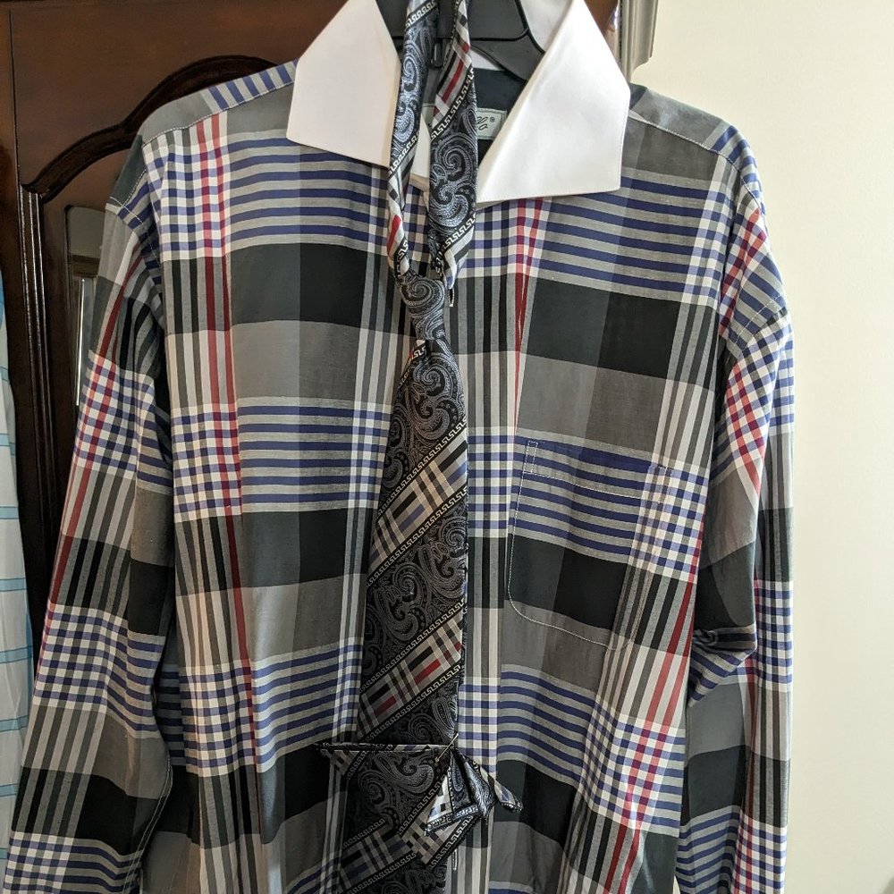 Fratello Men's Plaid Shirt / Tie / Hanky / Cufflinks - 4 Piece Set, 18.5 (36-37)
